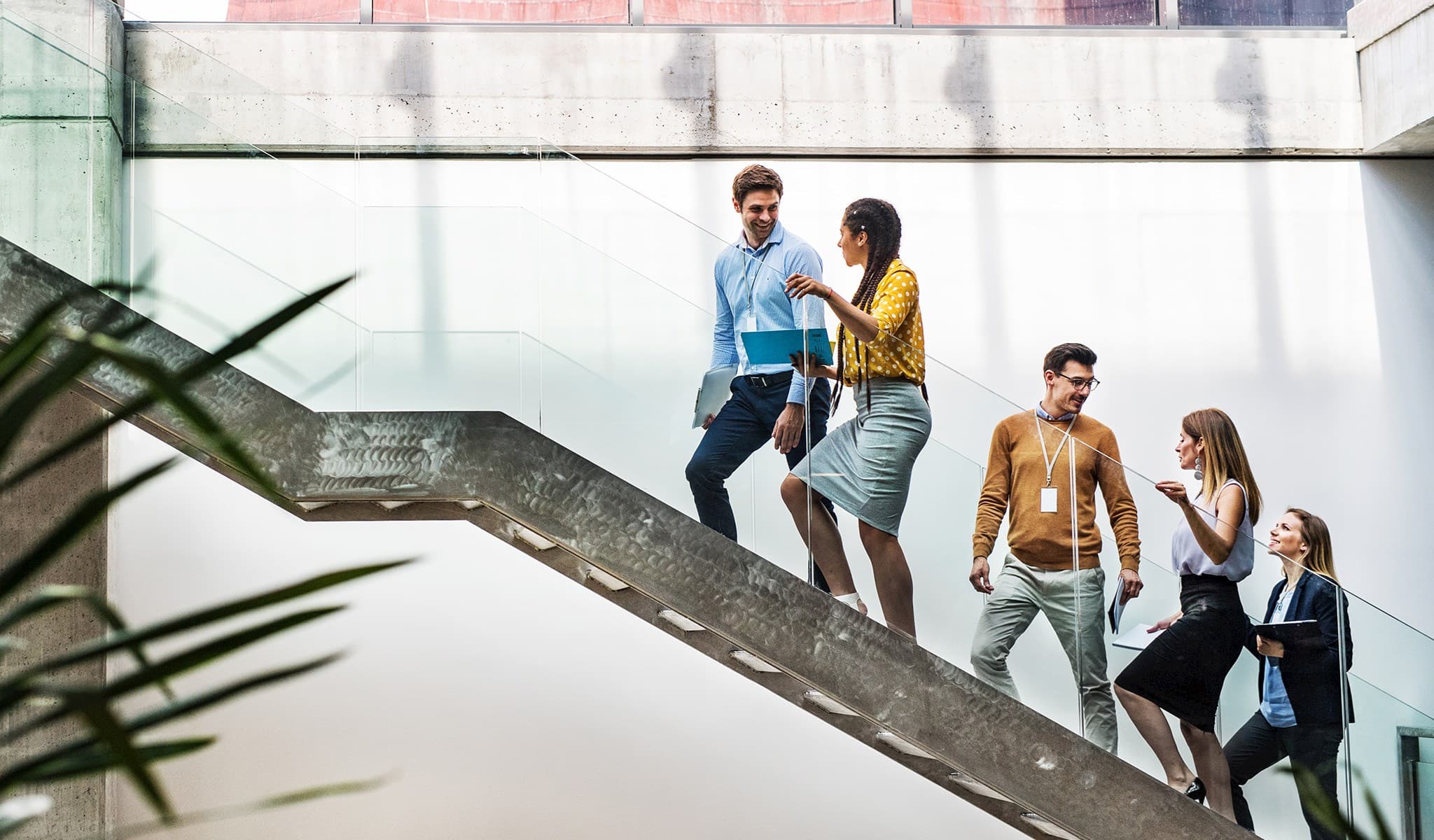 Colleagues talking as they walk up a staircase